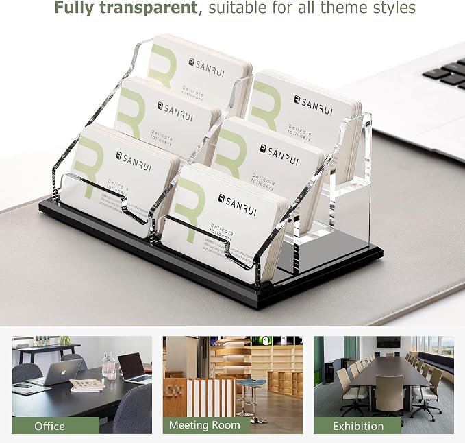 SANRUI Black Business Card Holder for Desk 6 Slot , Clear Acrylic Horizontal Name Card Stand for Women and Men, Desktop Organizer Display for Office Home Exhibition - 360 Card Capacity 1 Pack