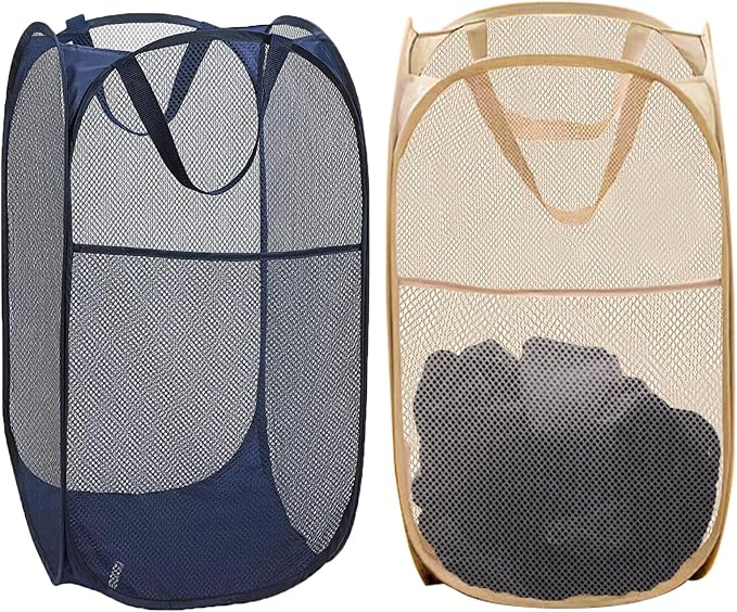 2 Pack Collapsible Pop Up Laundry Hamper, Large Capacity Mesh Laundry Basket Space Saving for Apartments, College Student Dorms, Apartment (Beige+Blue)