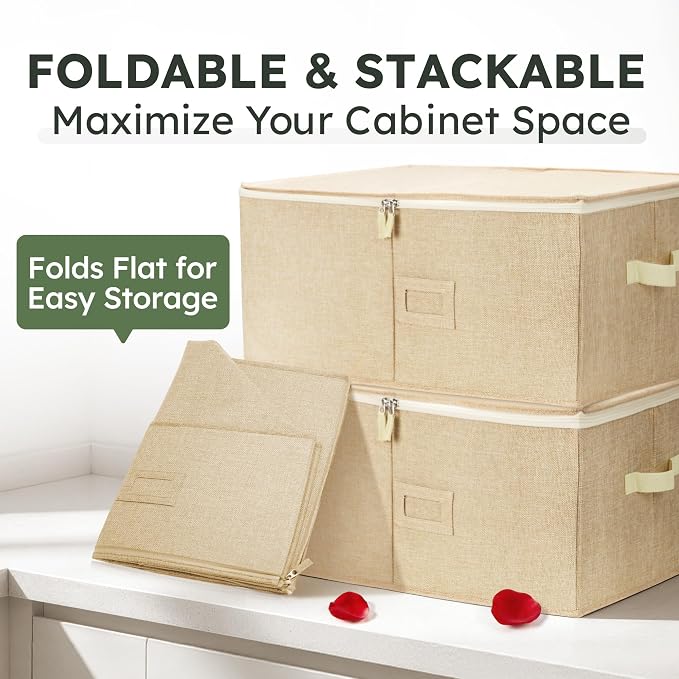 LotFancy Stemware Storage Container, Hard Shell, Large Wine Glass Storage Box for Moving, Stackable, Foldable, Crystal Glassware, Drinkware Case with Dividers & Handles, 21”x15.5”x10”, Beige