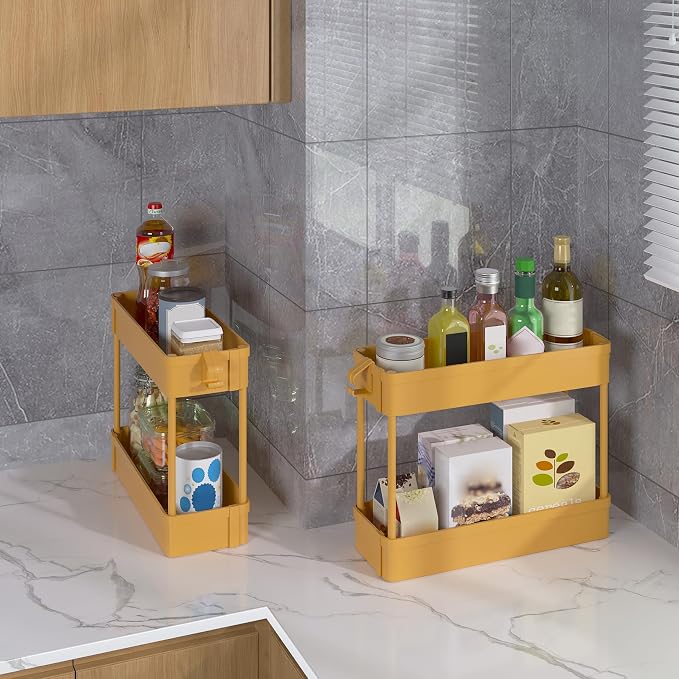 Under Sink Organizers Storage Rack, 2 Tier Under Bathroom Cabinet Shelf Basket, Multi-Purpose Storage Cart with Hooks for Kitchen Bathroom Bedroom Livingroom, Yellow
