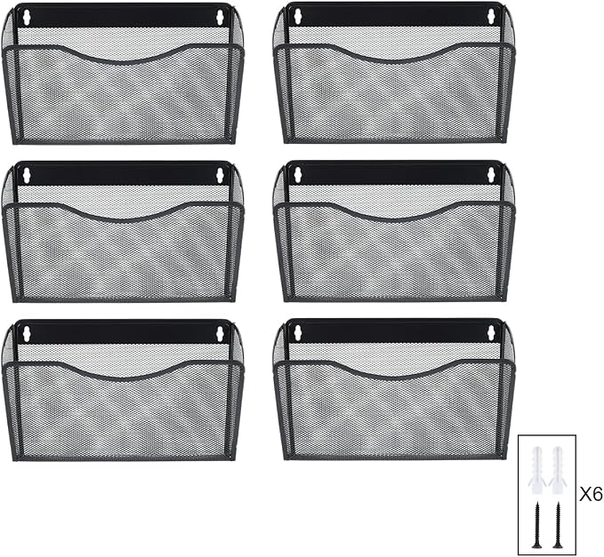 PAG 6 Pockets Wall File Organizer Metal Mesh Hanging Document Paper Holder Wall Mount Magazine Rack for Business Home Office Classroom, Black