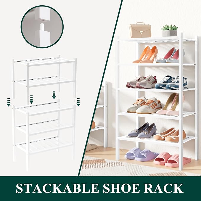 Smiry Bamboo Shoe Rack for Closet, 5 Tier Long Wooden Shoe Organizer, Stackable Wood Shoe Storage Shelf for Entryway, 14 Vertical Slats, 2+3 Stack Heavy-Duty Legs, 33.86"x11.02"x31.3", White