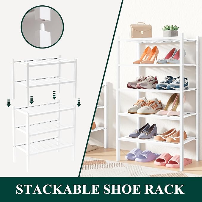 Smiry Bamboo Shoe Rack for Closet, 6 Tier Small Wooden Shoe Organizer, Stackable Wood Shoe Storage Shelf for Entryway, 14 Vertical Slats, 3+3 Stack Heavy-Duty Legs, 17.32"x11.02"x36.61", White