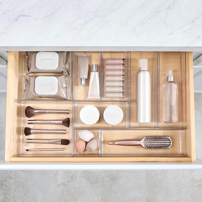 iDesign Plastic Makeup Drawer Organizer Tray, Set of 6, Clear | Vanity Organizer, Desk Drawer Organizer