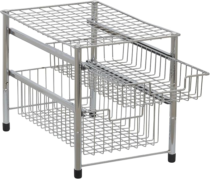 Household Essentials Free Standing Two Basket Sliding Cabinet Organizer with Metal Frame, Silver Finish