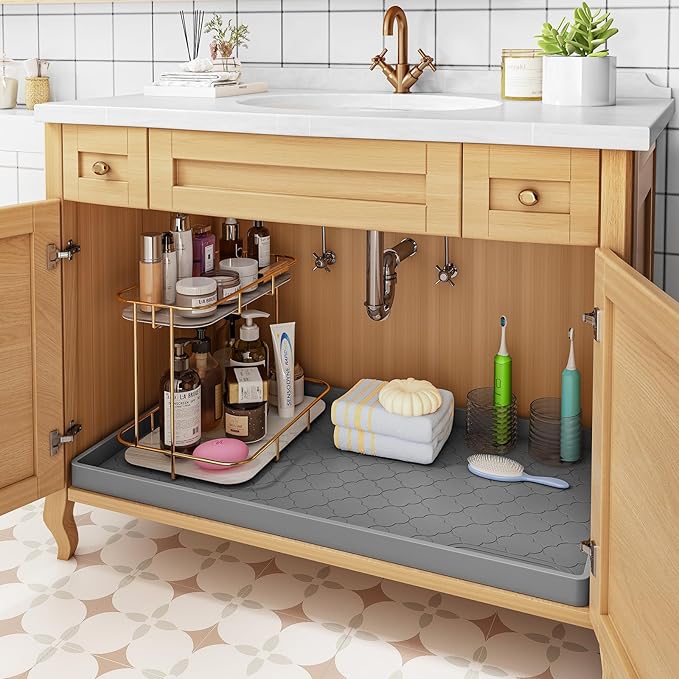 Jin&Bao Waterproof Under Sink Mat 46" x 22", Thick Silicone Mat Cabinet Protector for Kitchen and Bathroom, Shelf Liner, Home Organizer and Storage, Multipurpose Tray for Gadgets and Essentials