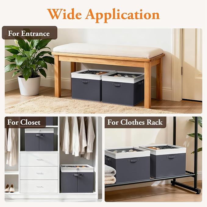 StoreHappily Shoe Organizer for Closet - 2 Packs Hold up to 32 Pairs, Large Shoe Storage Organizer Containers with Adjustable Dividers, Clear Cover, Leather Handles for Heels, Boots, Sneakers (Gray)