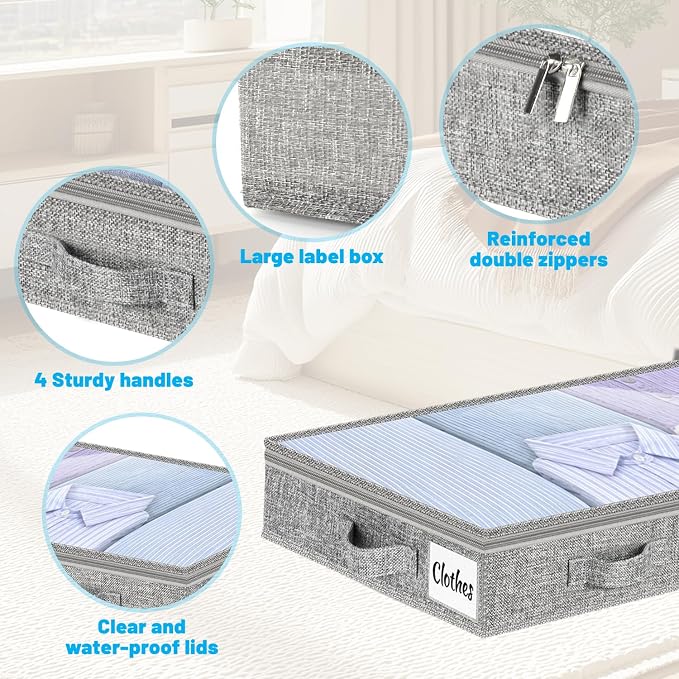 5 Inch Low Profile Under Bed Storage Drawer 2 Pack, Lightweight Underbed Clothes Storage Container Bins With NO STURCTURE, Shallow Storage Bag for Dorm & Home, With Clear Lids & Water-Resistant Fabric