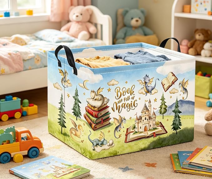 Rectangular Baby Kids Storage Basket for Home Kitchen Girls Cute Toy Storage Bin Organizer Shelf Book Room Decor(Magic Dinosaur)