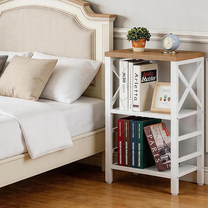 MNEETRUNG Book Shelf, Small 3-Tier Industrial Bookshelf with Strong Metal Frame & Backboard, 15.7" Short Bookcase for Small Spaces, Living Room, Bedroom and Home Office, White
