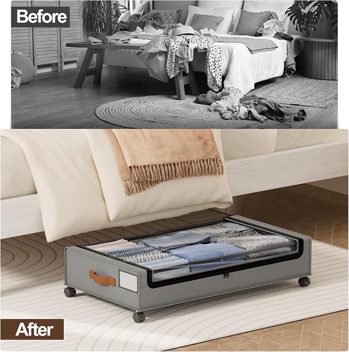LAMU Under Bed Storage with Wheels, 2 Pack Under Bed Storage Containers with Clear Lid, XXL 60 L Underbed Storage Bins, Rolling Under Bed Metal Drawers for Clothes, Blankets, Shoes, Grey