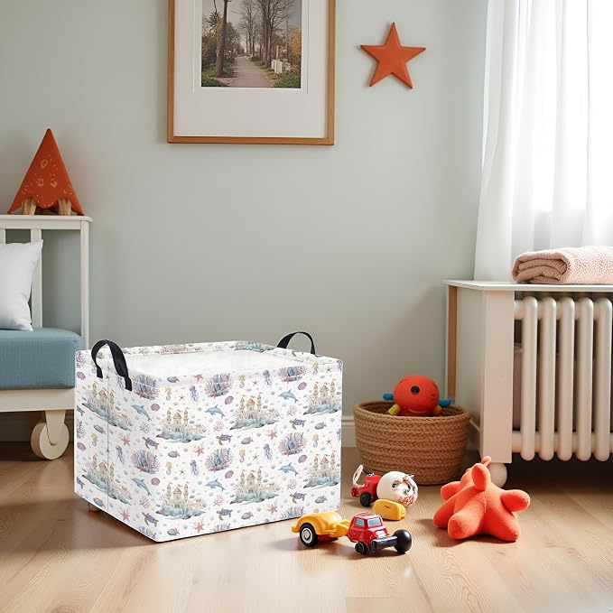 Rectangular Kids Storage Basket Boys for Home Kitchen Girls Cute Storage Bin Organizer Shelf Book Room Decor(Sea Castle)