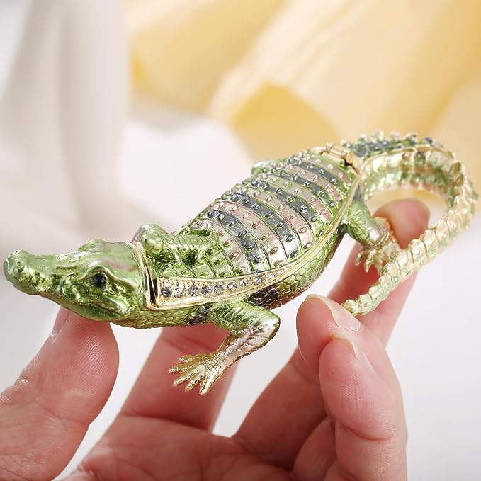 Hand Painted Animal Trinket Box for Home Decor, Hinged Jewelry Organizer Storage, Unique Personalized Collectible Keepsake Figurine Handmade Decorative Ornament Gifts (Crocodile)