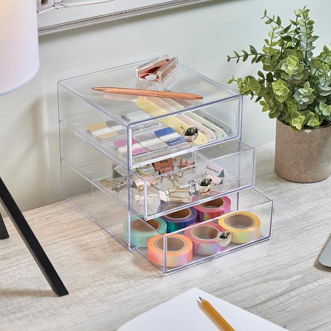 iDesign Stackable 3-Drawer Makeup Organizer, Set of 2, Clear | Bathroom Storage, Vanity Storage