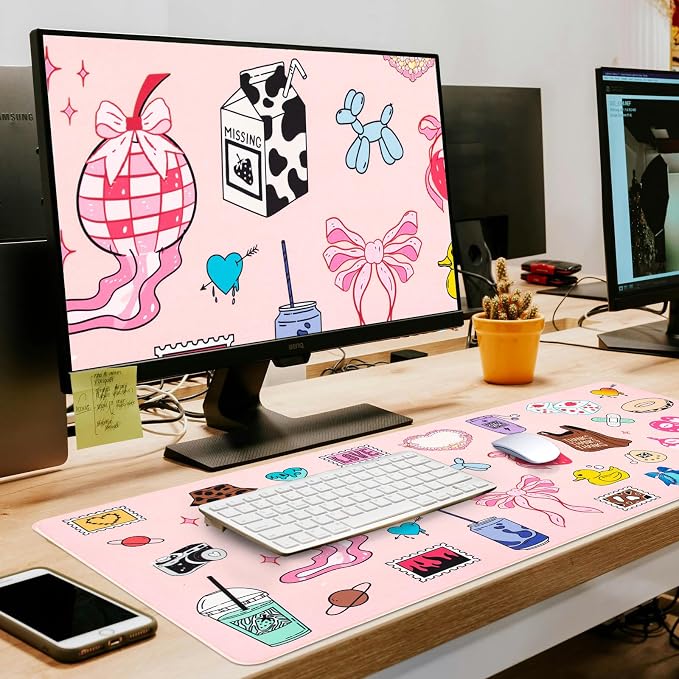 L-SPOUTTO Cute Desk Mat for Keyboard and Mouse,Girly XXL Large Mouse Pad | Non-Slip Keyboard Pad Waterproof Desktop Mat for Laptop Computer Work Game Home Office-Cartoon Pink