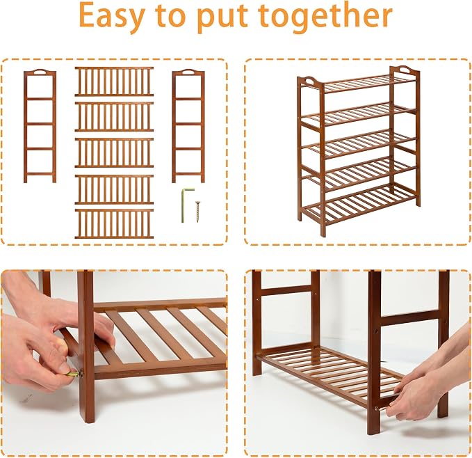 5 Tier Bamboo Shoe Rack, Free Standing Shoes Rack Shoe Shelf Shoe Organizer for Closet, Entryway, Bedroom, Living Room, Front Door, Studio, Bathroom