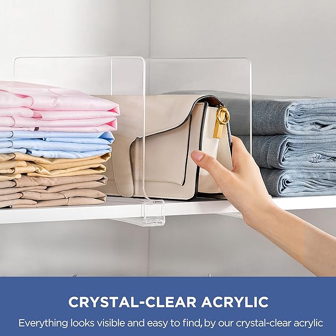 HBlife 1 Pack Clear Shelf Dividers, Vertical Purse Organizer for Closet Perfect for Sweater, Shirts, Handbags in Bedroom and Kitchen, Adjustable Acrylic Bookshelf for Organization