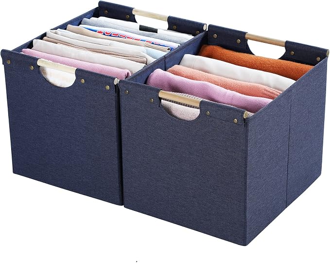HOONEX Large Foldable Storage Bins, Linen Fabric, Pack of 2, Storage Baskets with Wooden Carry Handles and Sturdy Heavy Cardboard, for Home, Office, Car, Nursery, Blue