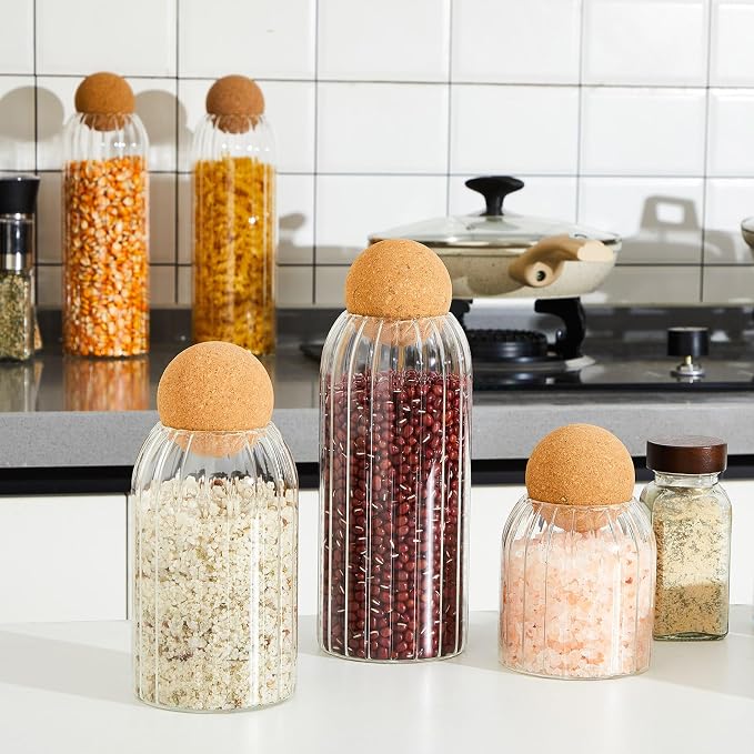 Suclain 5 Pack Glass Jar Set Food Tank with Spherical Cork Cute Ball 4 Sizes Candy Jars Clear Coffee Canister Airtight for Kitchen Bottle Holder Serving Spice Sugar Tea(Vertical Pattern Style)