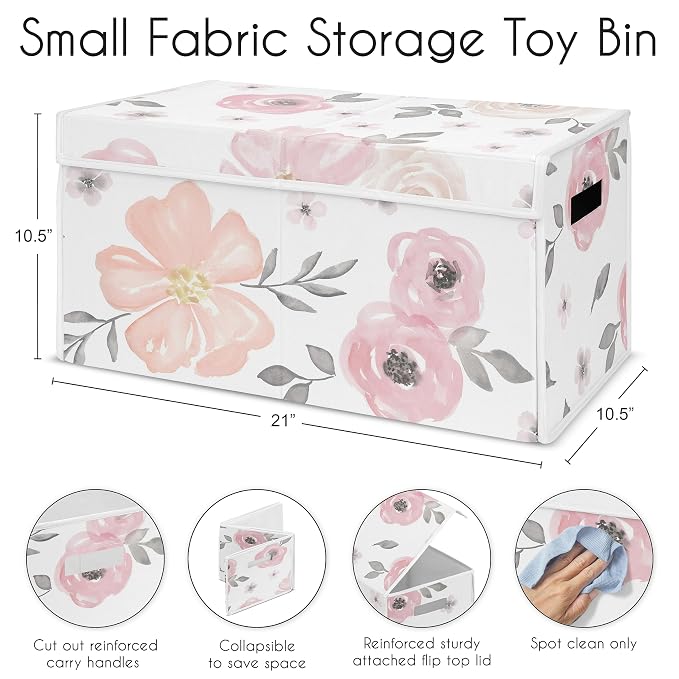 Sweet Jojo Designs Collapsible Small Fabric Toy Bin (Pink/Grey Boho Floral) for Girls, Kids, Childrens Small Storage Box Chest (Watercolor, Flower, Elegant Rose, Shabby Chic, Farmhouse, Nature, Blush)