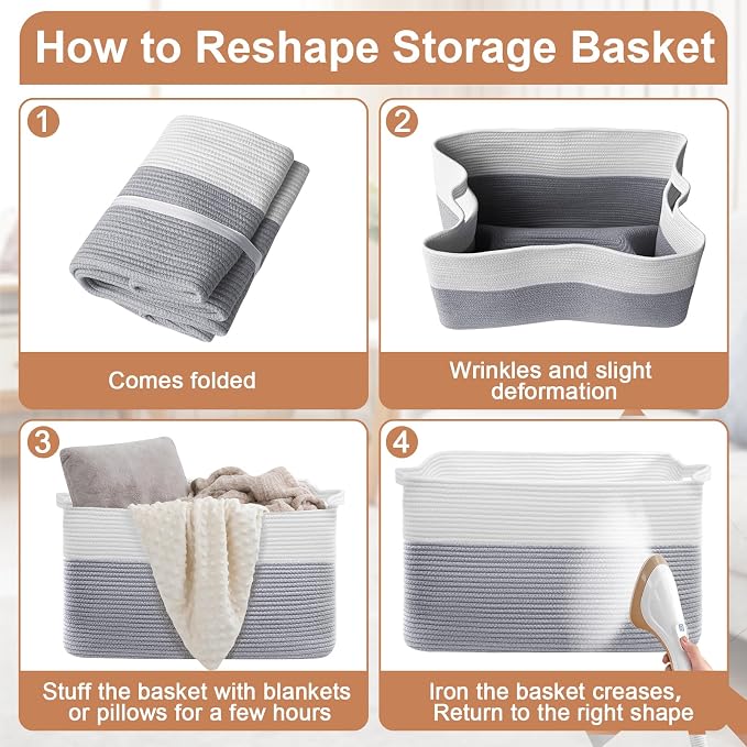 105L XXXL Large Blanket Basket, Rectangular Cotton Rope Basket, Laundry Hamper for Blankets, Pillows, Extra Large Toys Storage Bins for Kids, Dogs 25" x 16" x 16", White & Gray