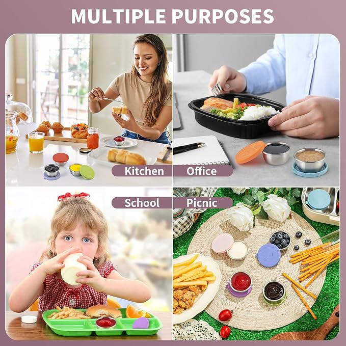 8 Pack - 1.6 Oz Small Salad Dressing Containers To Go, Sauce Cups with Lids | Food-grade stainless steel, leakproof reusable, BPA-free silicone, for lunch boxes, Kitchen storage, Picnic & meal prep