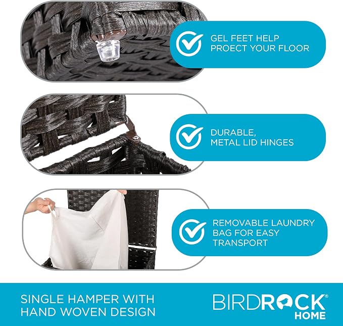 BIRDROCK HOME Single Laundry Hamper with Lid - Brown - Liner Bag - Hand Woven - Small Collapsible Hampers - Foldable Bin - Synthetic PE Rattan - Hand Woven - Clothes Basket