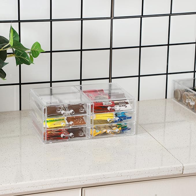 Desktop Storage drawers,Rectangular Desktop Drawers,Plastic Makeup Storage,Containers Bins With Drawers Desk Organization Pull Out Small craft Storage Case Box Cube,Pack of 1 (Clear, 6 Drawers)