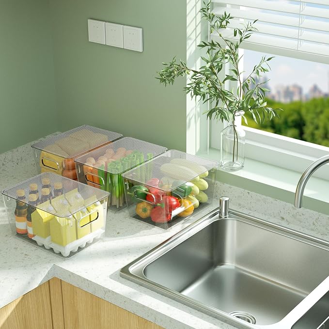 BALEINE Clear Stackable Storage Bins with Lids, Plastic Containers with Handle for Pantry Organizers and Storage, Plastic Bins for Fridge, Kitchen, Bathroom, Cabinet (13x7.4x7, 8PK)