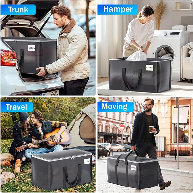ElegantArray 4 Pack Moving Bags Heavy Duty, Moving Boxes, Storage Bags with Zipper & Handles & Tag for College & Dorm Moving Supplies Grey Laundry Hamper Bag, Foldable Space-saving Totes (76L, Grey)