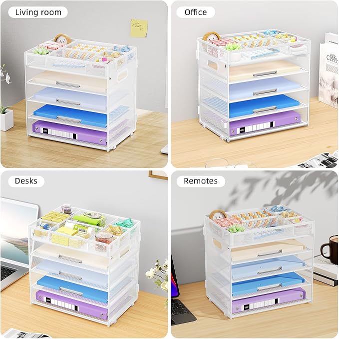 Marbrasse 5 Tier Paper Organizer Letter Tray, Mesh Desk File Organizer with Handle, Paper Sorter Desk Organizer for Home Office Supplies - White, Adjustable