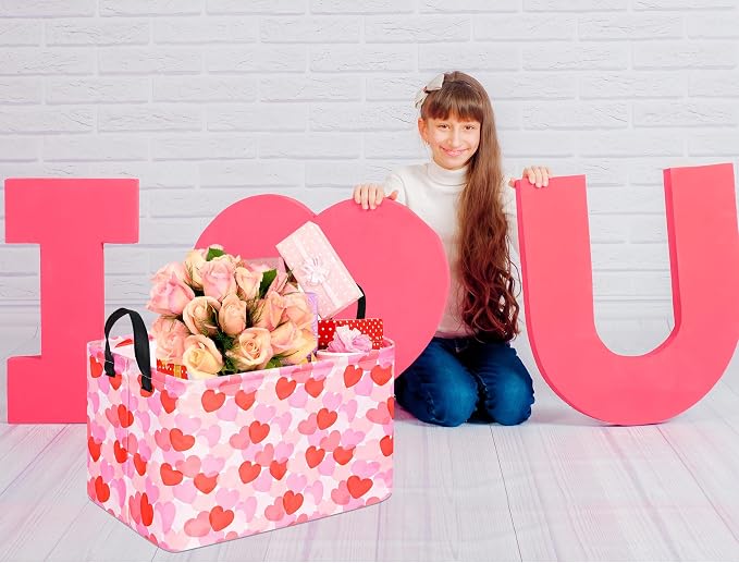 Rectangular Valentines Basket Storage Bin for Shelves Girls Gifts Baskets Foldable Box with Handles for Home Office Car Dormroom Valentine's Day Party Supplies