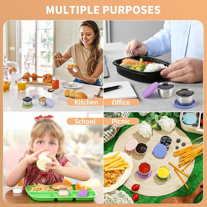8 Pack - 2.4 Oz Small Salad Dressing Containers To Go, Sauce Cups with Lids | Food-grade stainless steel, leakproof reusable, BPA-free silicone, for lunch boxes, Kitchen storage, Picnic & meal prep