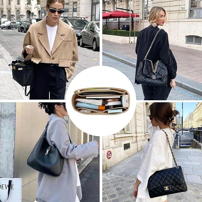 Surblue Purse Organizer Insert for Handbags, Felt Bag Organizer with Zippers Handbag Shaper Pouch for Classic 19 Flap Bag, Marmont, Onthego,(Khaki, Slender S)