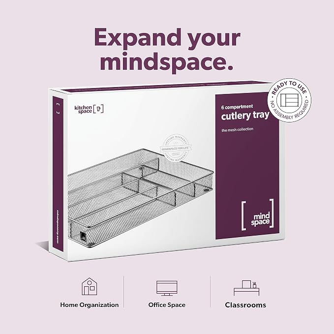 Mindspace Cutlery Organizer Silverware Tray with 6 Compartments | Kitchen Utensil Drawer Organizer | Silverware Tray for Drawer | The Mesh Collection, Silver