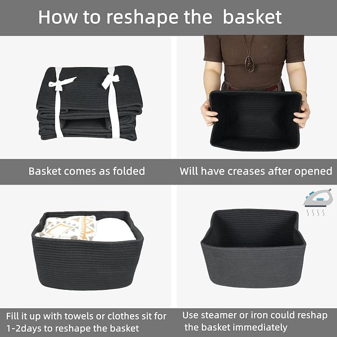 Cotton Rope storage Basket Bins 15X10X9.3“ Woven Basket for Organizing Shelves Rectangle Decorative Baskets For storage Clothes Toys Books Towels Square Wicker Nursery basket organizer 3 pack black
