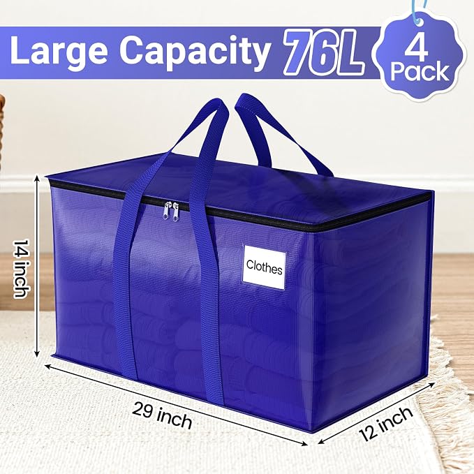 FabSpace Moving Storage Bags, Moving Supplies Packing Boxes for Moving, Camping, College Dorm Room Essentials for Girls, Blue Tote Bags, Heavy-Duty Storage Bins With Lids And Zippers, 76L 4 Pack