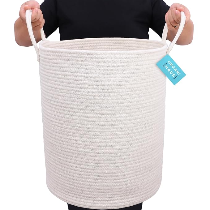 OrganiHaus Tall Cotton Rope Laundry Basket & Hamper, Blanket Storage 52L | Full Off-White - Tall Cotton Rope Hamper, 52L