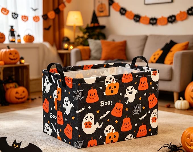 Halloween Basket Cute Baskets for Kids Pumpkin Basket Rectangular Storage Bin Organizer Box Room Decor(Black Pumpkin Ghost)