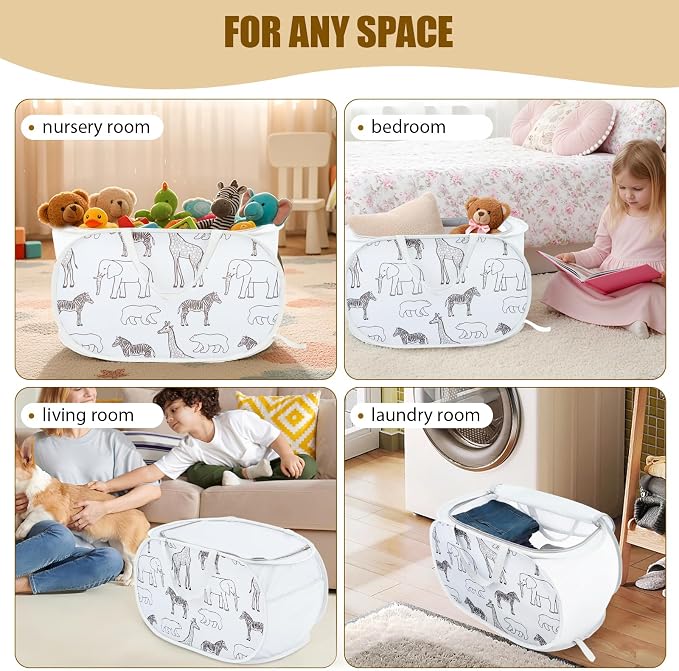 Collapsible Toy Box with Zipper Lid- Stuffed Animal Storage Basket White | Sturdy Foldable Toy Basket, Lightweight, Easy-Carry Handles, Space-Saving, Animal Print, for Kids Room, Playroom, Bedroom