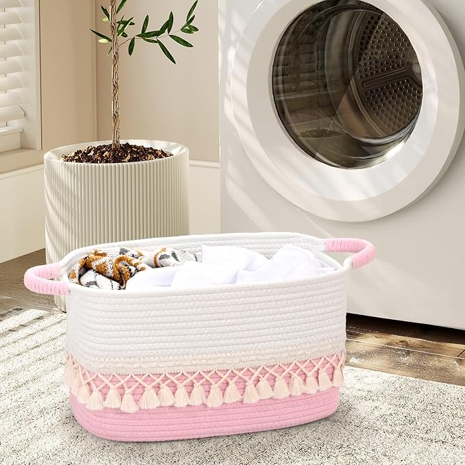3 Pack Storage Basket for Shelves, Boho Cotton Rope Storage Bins with Heavy Tassel, Shelf Baskets Large Woven Baskets for Organizing, Cube Organizer Bins, Baby Laundry Basket for Clothes, Toys, Pets