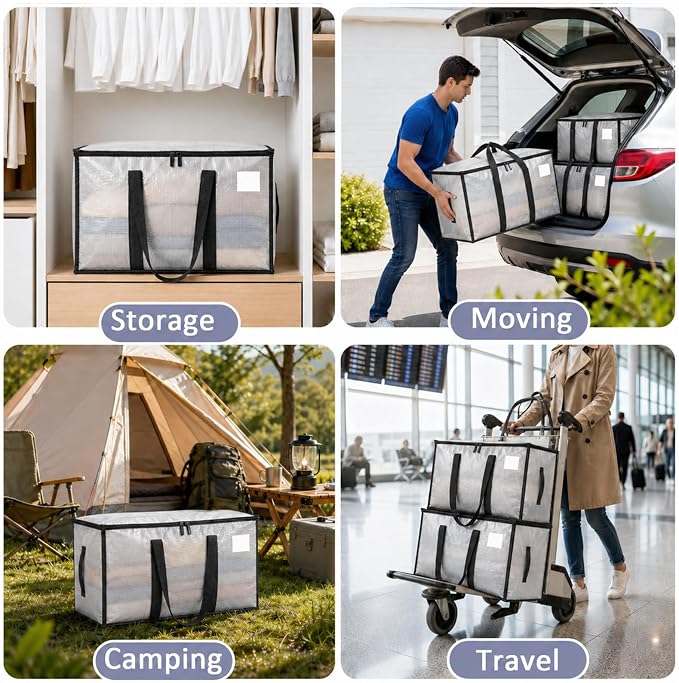 Songrey Heavy Duty Moving Bags, 12 Pack Large Storage Bags with Zipper & Handles, Waterproof Totes Bags for Clothes Packing, Moving, College Supplies, Home Organization