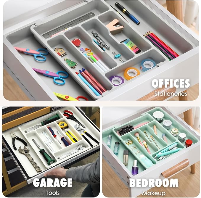 FANCILLA Heavy Duty Silverware Organizer for Kitchen Drawer & Utensils - Wheat Straw Large Adjustable Utensil Drawer Organizer, BPA-Free Flatware Tray, Dishwasher Safe, 6-8 Wider Slots (Gray)
