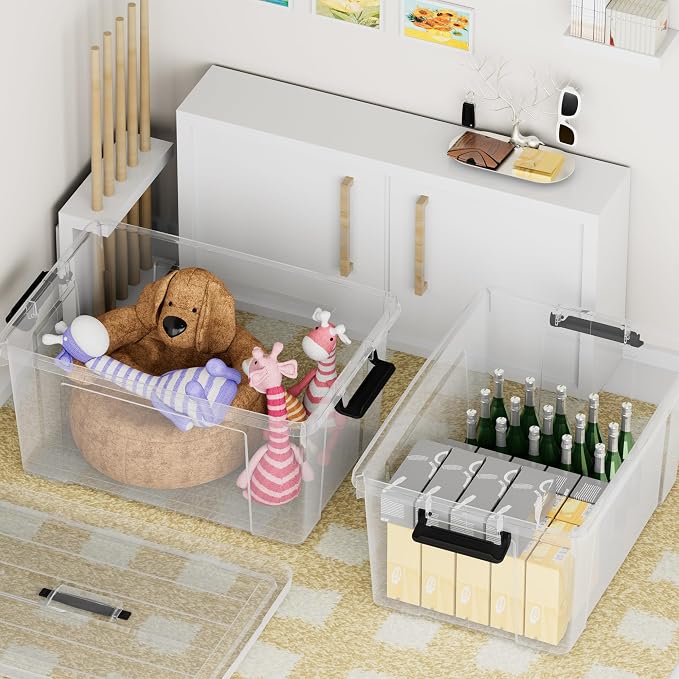 Cetomo Lidded Storage Bin with Handle, Tote Organizing Container with Durable Lid and Secure Latching Buckles, Stackable and Nestable, Plastic, 40 Quart-6 Pack, Clear