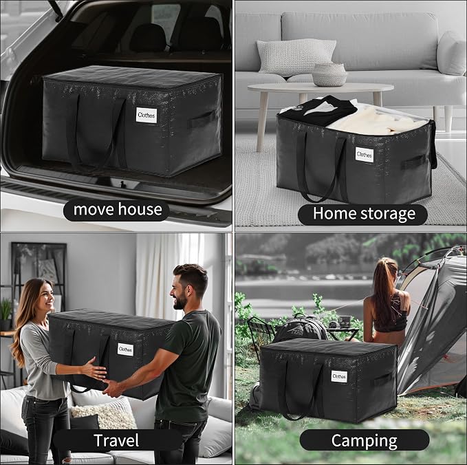 BAGAIL Heavy Duty Moving Bags with Strong Handle, Extra Large Moving Boxes, Storage Tote for Clothes, College Moving Supplies(Black, 4 Pack)