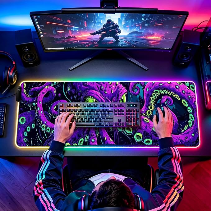 RGB Octopus Monster Gaming Desk Mat, Computer Keyboard Large Extended Cool Neon Animal LED Mouse Pad for Office and Home, 31.5×11.8 Inches, XL