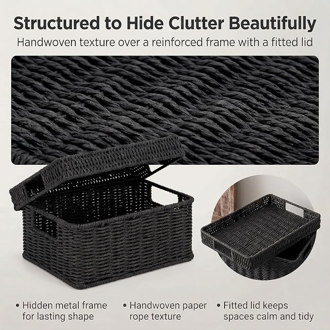 Wicker Storage Basket with Lid - Woven Basket for Storage,Rectangular Decorative Boxes Bins with Lids for Shelves,living room, Nursery, 2 baskets+1 lid(Black)