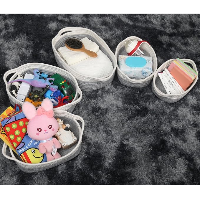 VOOWO Set of 5 Woven Baskets - Rope Storage Solutions, Nursery & Organizing, Off White & Gray