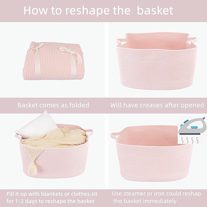 XUANGUO Large Rectangle Blankets Baskets 22"x17"x12" Toy Basket for Kids Woven Cotton Rope Storage Basket for Nursery - Laundry Baskets for Clothes Towels - Ideal for Living Room Storage pink