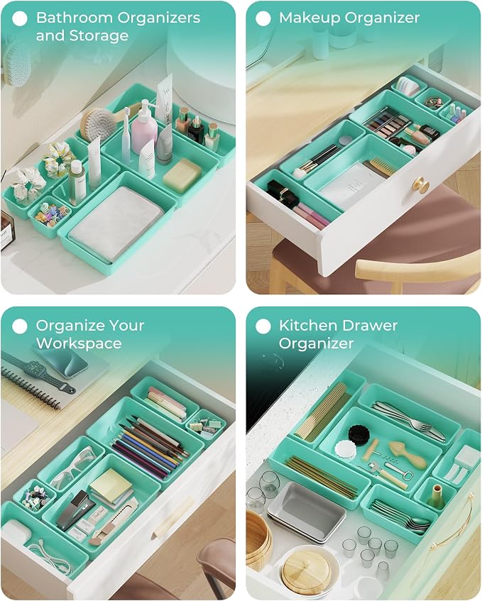 BiuLeon 25 PCS Plastic Drawer Organizers Set, 4-Sizes Vanity and Makeup Organizer, Desk and bathroom Drawer Organizer Trays, Organizers and Storage for Makeup, Jewelry, Gadgets, Utensils (Blue)